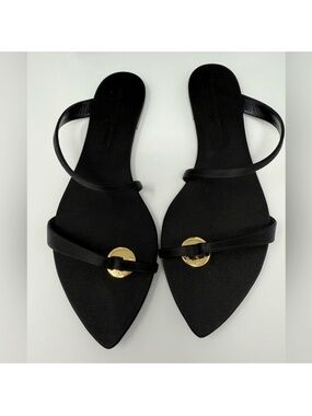 Yves Saint Laurent Black Pointed Toe Strappy Sandals with Gold Disk